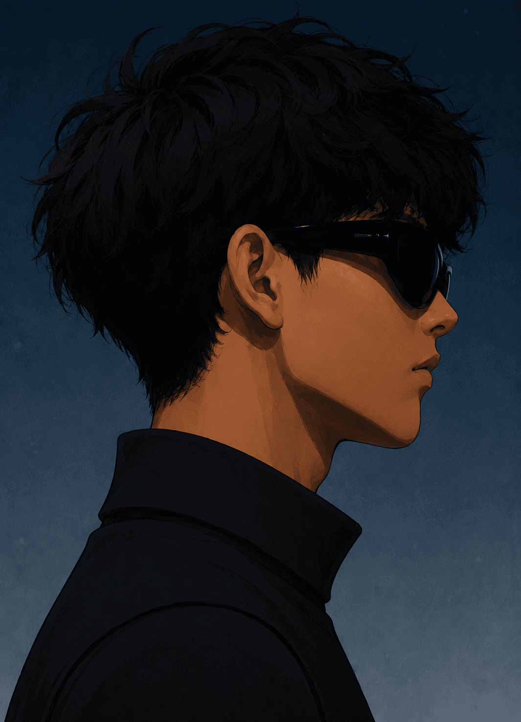 Stylish portrait with sunglasses against a deep navy gradient